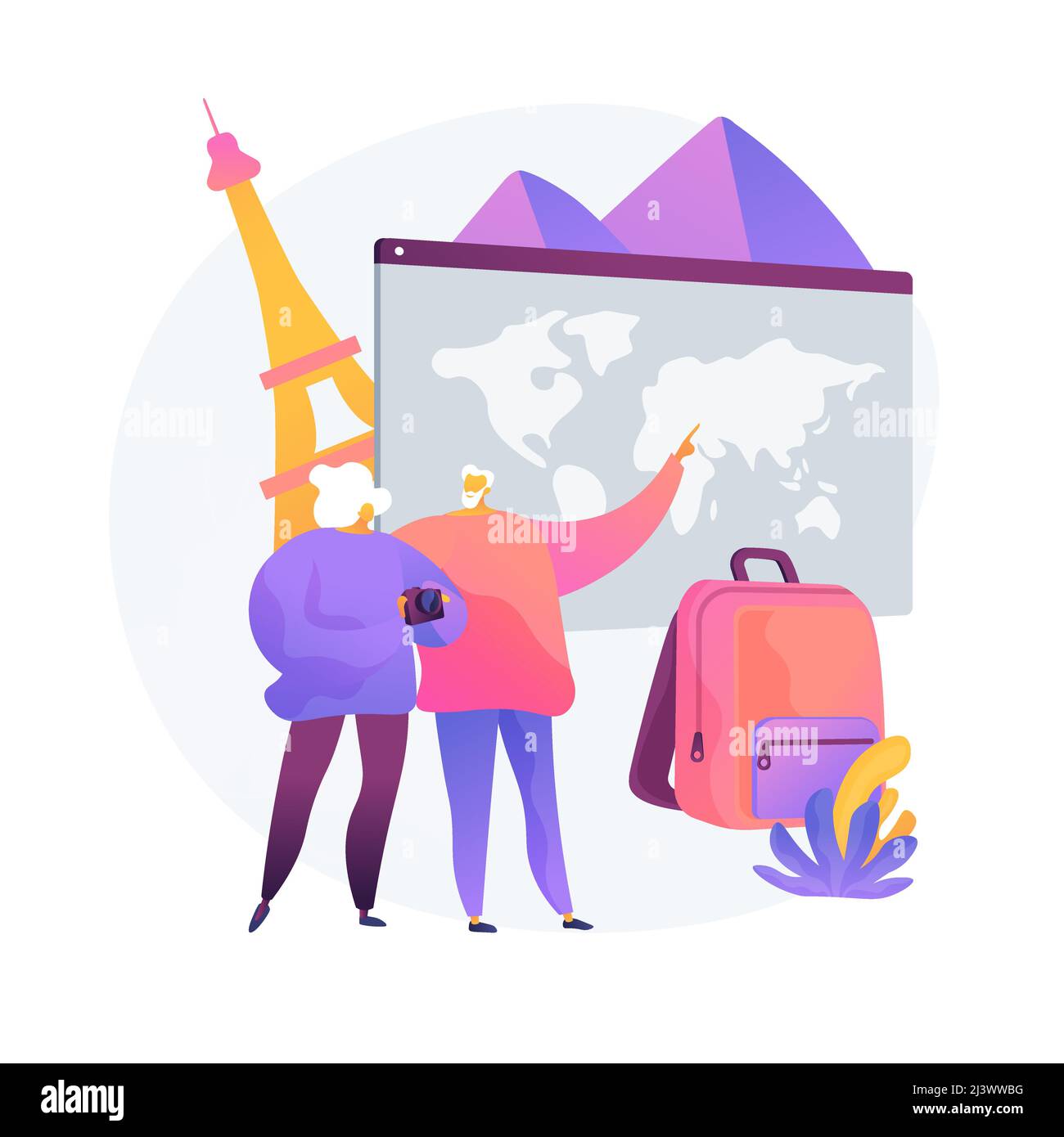 Senior couple travelling, visiting foreign countries. Elderly people going on trip to paris. Retirement vacation, rectreation, tourism. Vector isolate Stock Vector