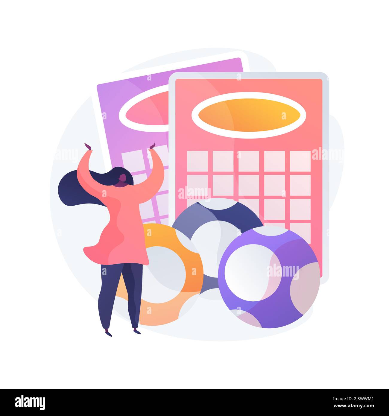 Excited woman won jackpot, gambler playing lotto. Gambling game, bingo cards, lottery balls. Fortunate girl, lucky winner, victory chance. Vector isol Stock Vector