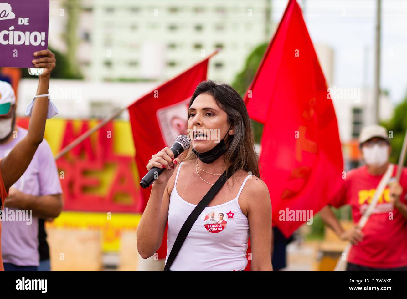 Goiânia, Goias, Brazil – April 09, 2022: Woman speaking into the 