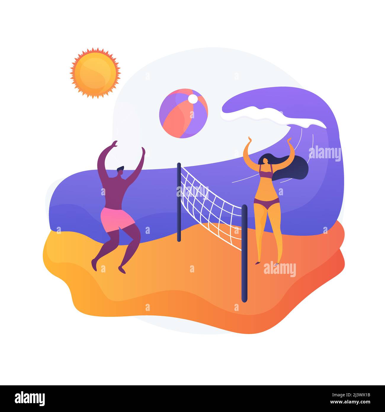 Summertime activities. Summer vacation, seaside relax, outdoor ball games. Suntanned tourists playing beach volleyball. Active rest idea. Vector isola Stock Vector