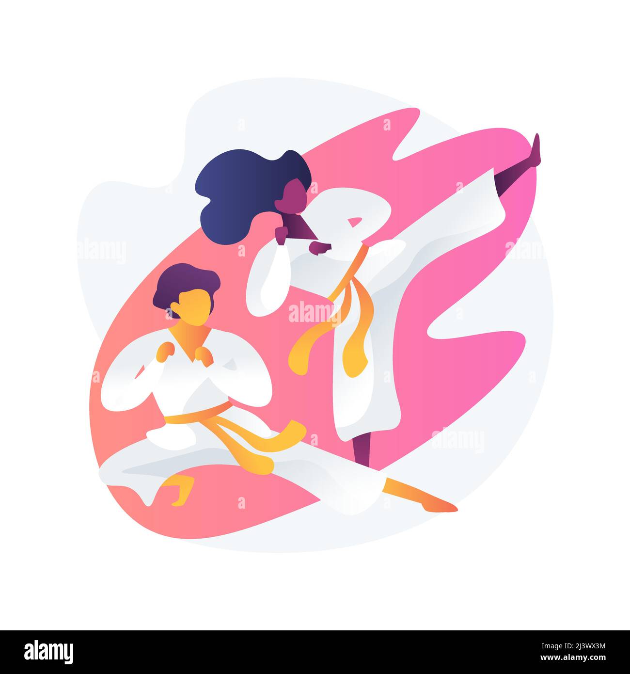 Martial arts school. Karate kick and stance. Kungfu training. Taekwondo practice, jiu jitsu athletes, judo class. Fighters in kimonos. Physical activi Stock Vector