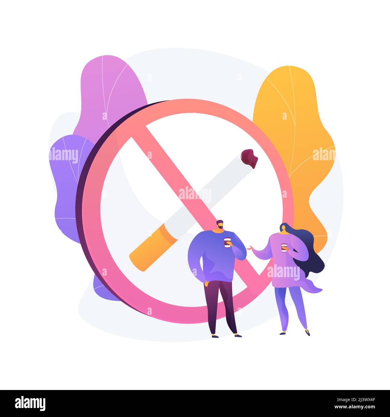 Smoke free zone sign. No smoking area, public space prohibition, warning symbol. People drinking coffee in smoke free location. Cigarette banned notic Stock Vector