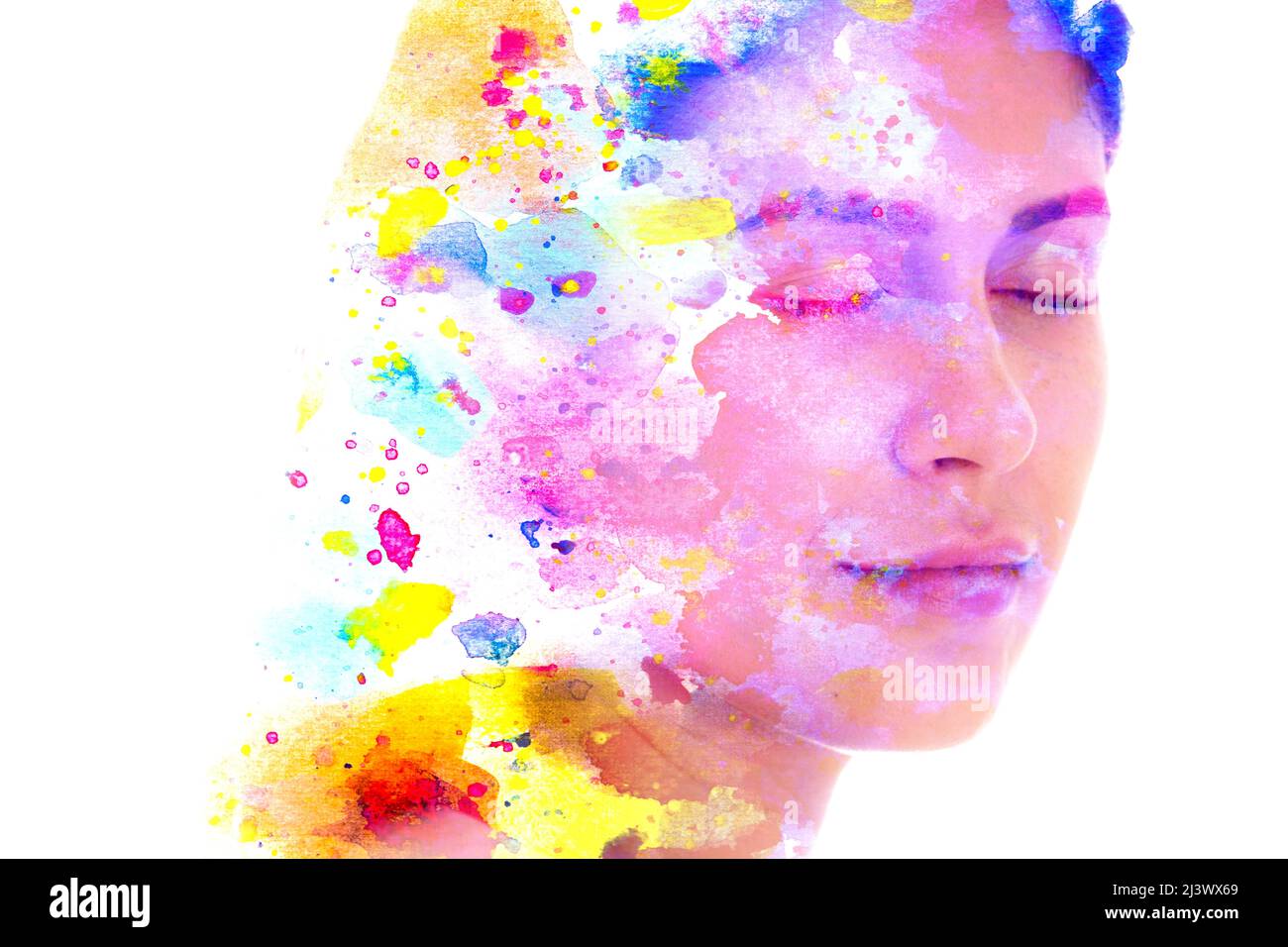 Splashed Portrait Paintography. Colorful paint splashes combined with a portrait Stock ...