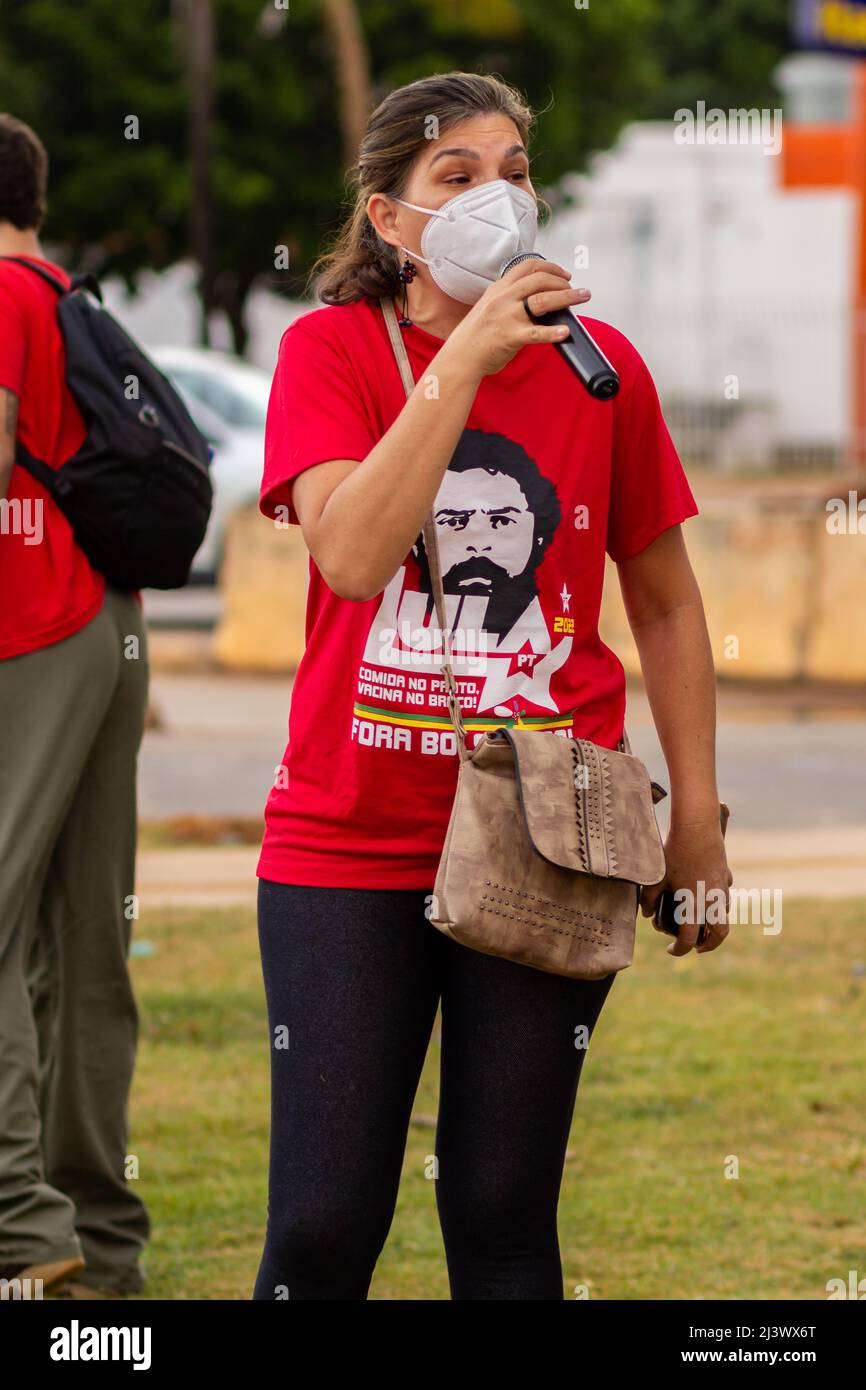 Goiânia, Goias, Brazil – April 09, 2022: Woman speaking into the microphone. Photo taken during a protest, in the city of Goiânia. Stock Photo