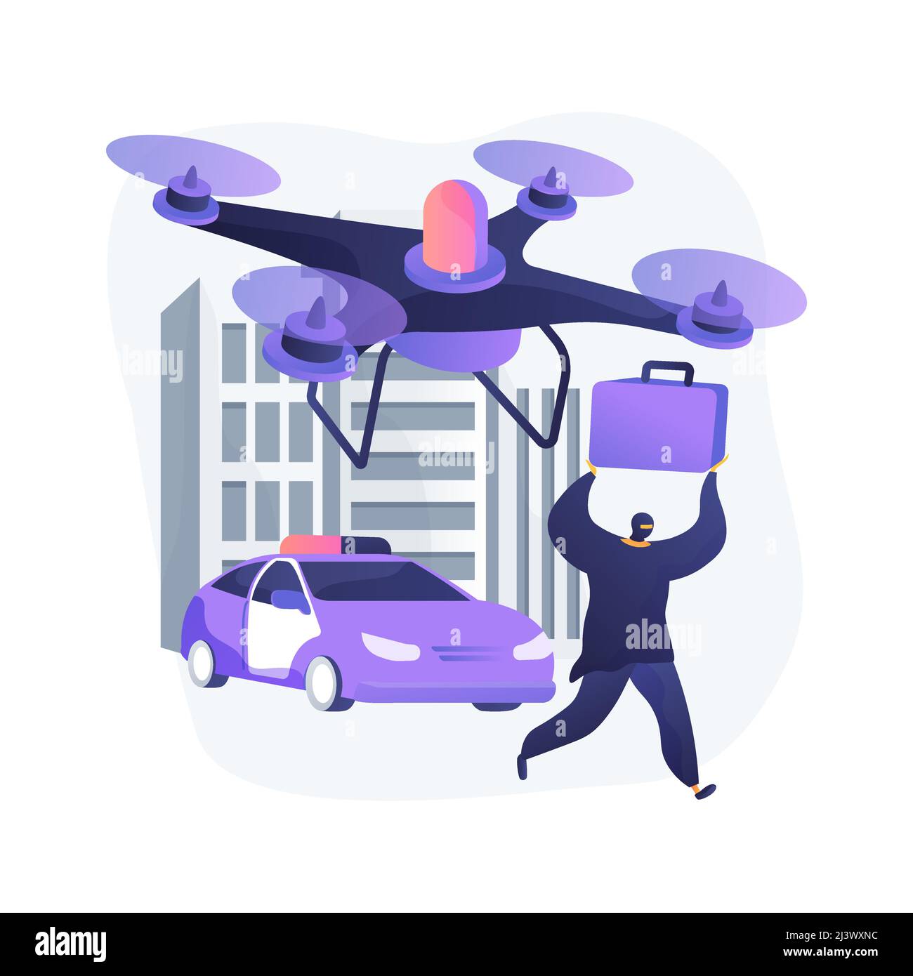 Law enforcement drones abstract concept vector illustration. Law enforcement surveillance UAV, police drone use, smart city IoT tools, government unma Stock Vector