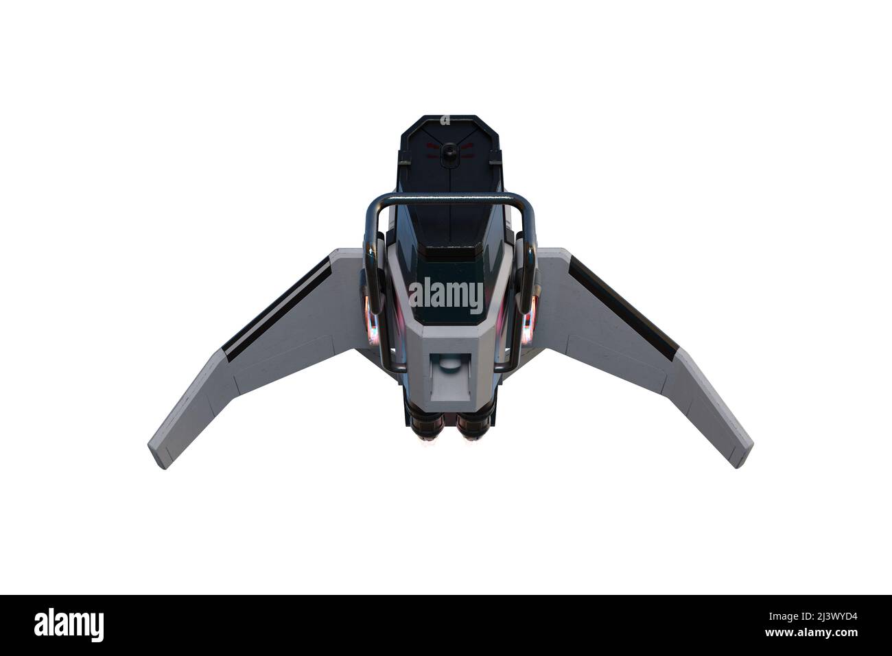 3D illustration of a futuristic science fiction drone in flight viewed from the front isolated on a white background with clipping path. Stock Photo