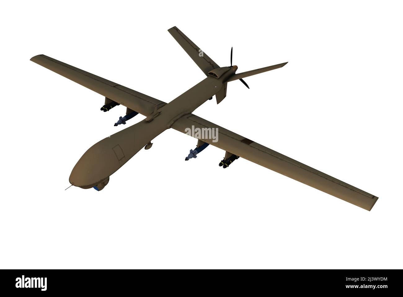 3D illustration of a green military drone aircraft in flight viewed