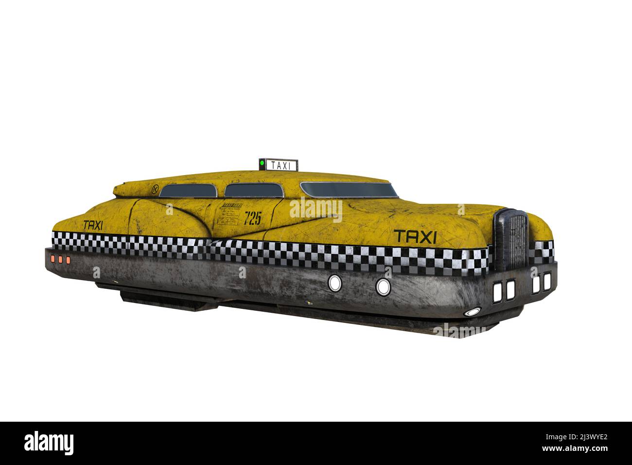 A futuristic flying yellow taxi with black and white checked stripe along the side. 3D illustration isolated on white background with clipping path. Stock Photo