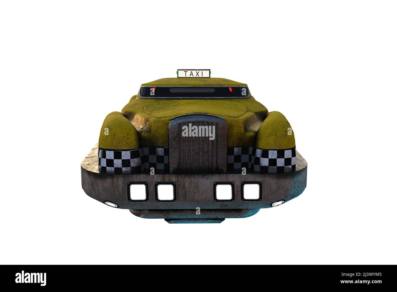 Front view of a futuristic flying sci-fi cyberpunk yellow taxi cab. 3D  illustration isolated on a white background with clipping path Stock Photo  - Alamy