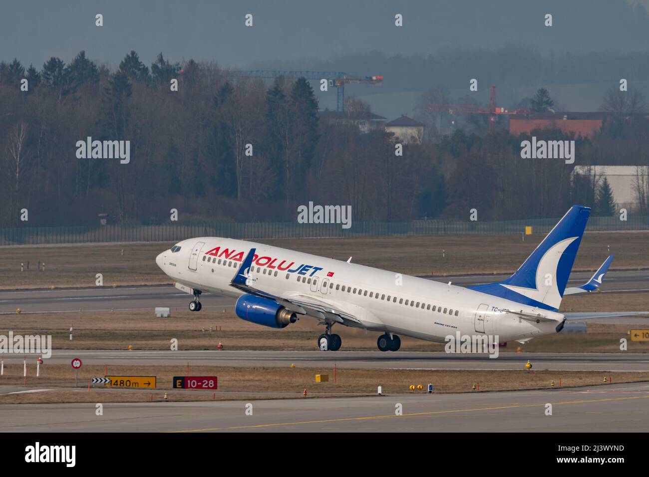 Zurich, Switzerland, March 2, 2022 Anadolujet Boeing 737-8F2 aircraft is departing from runway 28 Stock Photo