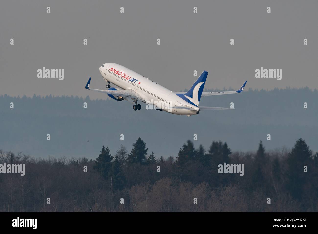 Zurich, Switzerland, March 2, 2022 Anadolujet Boeing 737-8F2 aircraft is departing from runway 28 Stock Photo