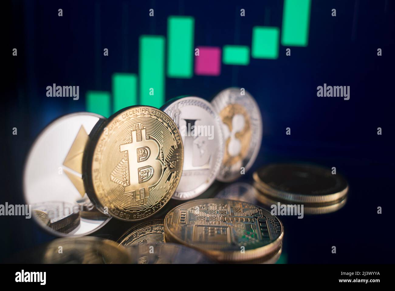 Bitcoin and cryptocurrency investing concept. Bitcoin cryptocurrency coins.  Trading on the cryptocurrency exchange. Trends in bitcoin exchange rates  Stock Photo - Alamy