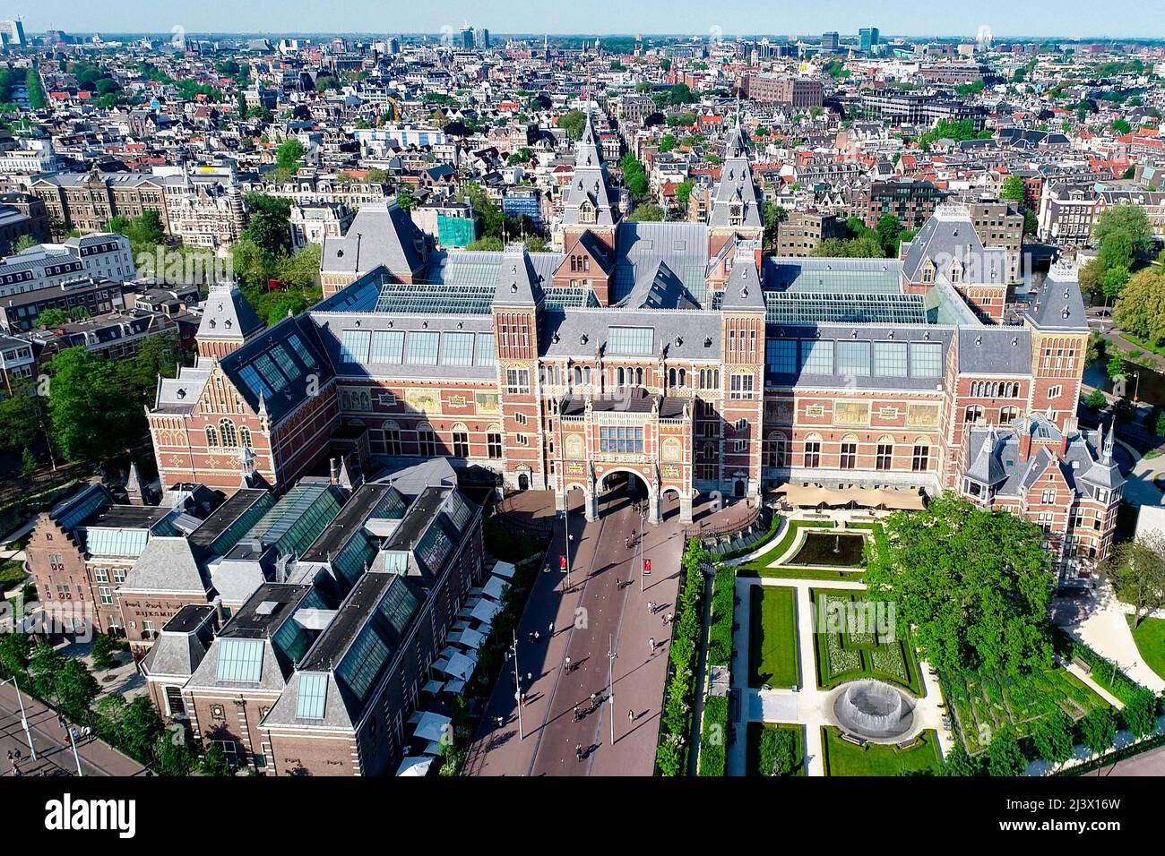 Rijksmuseum in Amsterdam, Netherlands. Aerial view of Dutch national museum in Amsterdam city. Famous place of Art with the greatest Dutch masterpiece Stock Photo