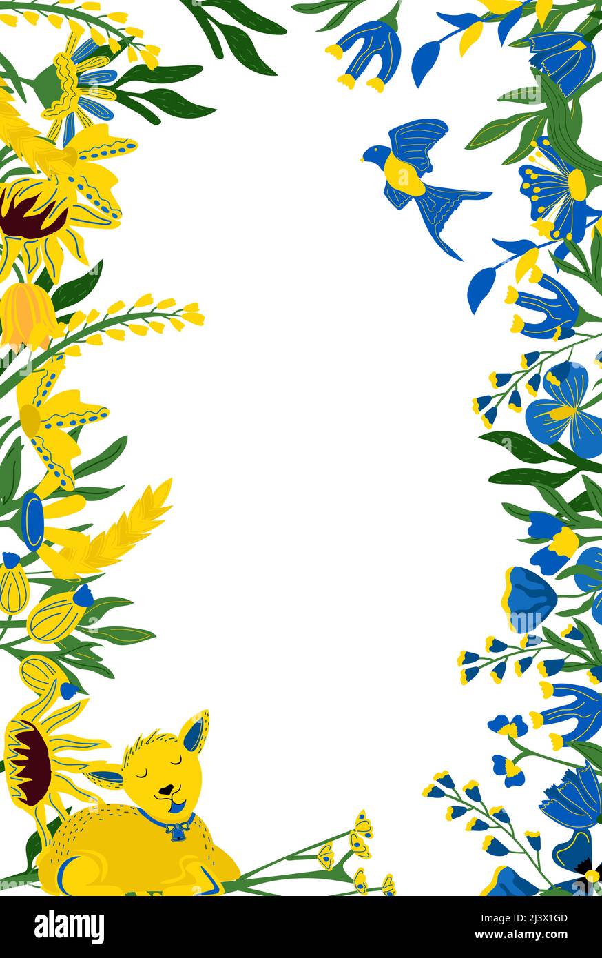 Vertical poster in yellow and blue colors, with leaves, flowers ...