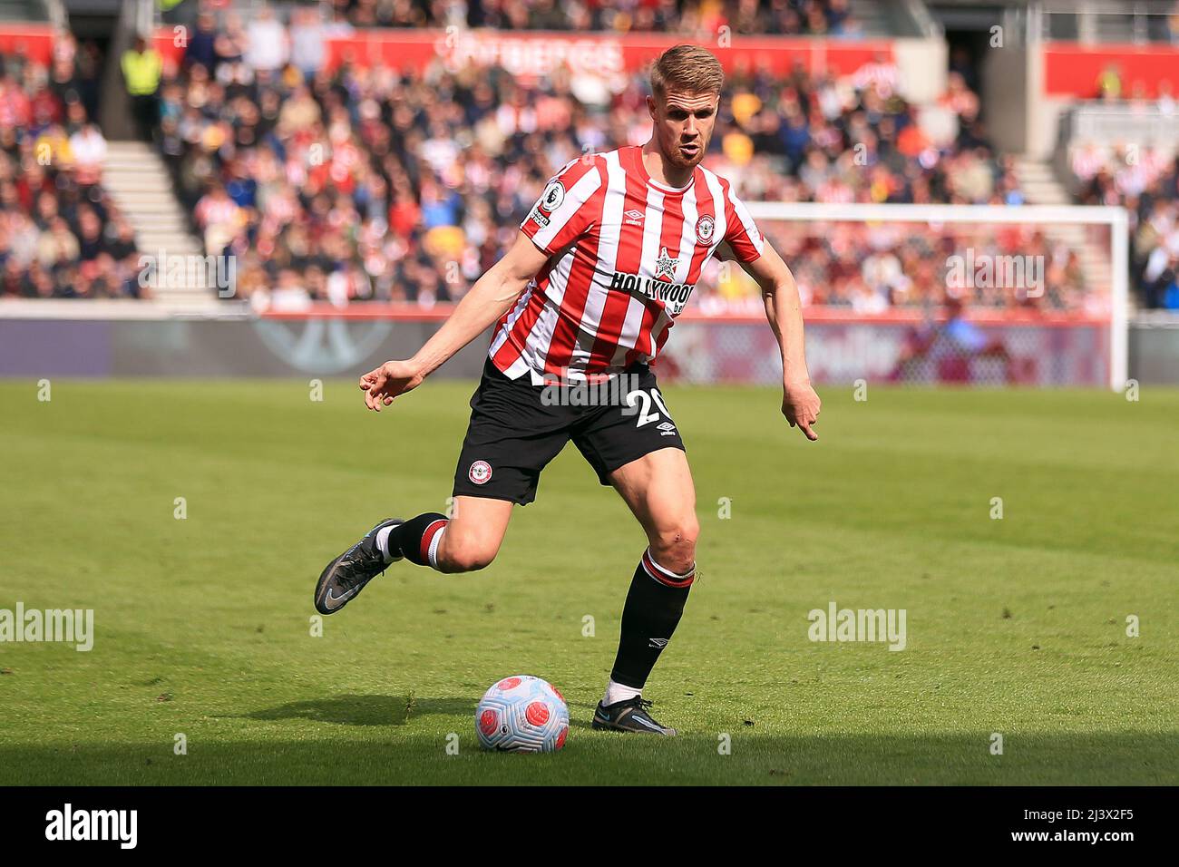 London, UK. 10th Apr, 2022. Kristoffer Ajer of Brentford in action during the game. Premier league match, Brentford v West Ham Utd at the Brentford Community Stadium in Brentford, London on Sunday 10th April 2022. this image may only be used for Editorial purposes. Editorial use only, license required for commercial use. No use in betting, games or a single club/league/player publications. pic by Steffan Bowen/Andrew Orchard sports photography/Alamy Live news Credit: Andrew Orchard sports photography/Alamy Live News Stock Photo