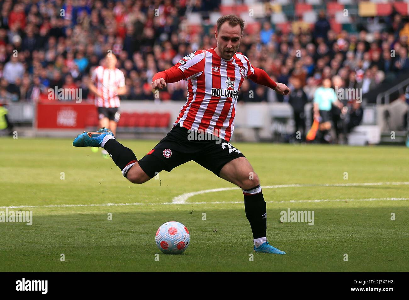 London, UK. 10th Apr, 2022. Christian Eriksen of Brentford in action during the game. Premier league match, Brentford v West Ham Utd at the Brentford Community Stadium in Brentford, London on Sunday 10th April 2022. this image may only be used for Editorial purposes. Editorial use only, license required for commercial use. No use in betting, games or a single club/league/player publications. pic by Steffan Bowen/Andrew Orchard sports photography/Alamy Live news Credit: Andrew Orchard sports photography/Alamy Live News Stock Photo