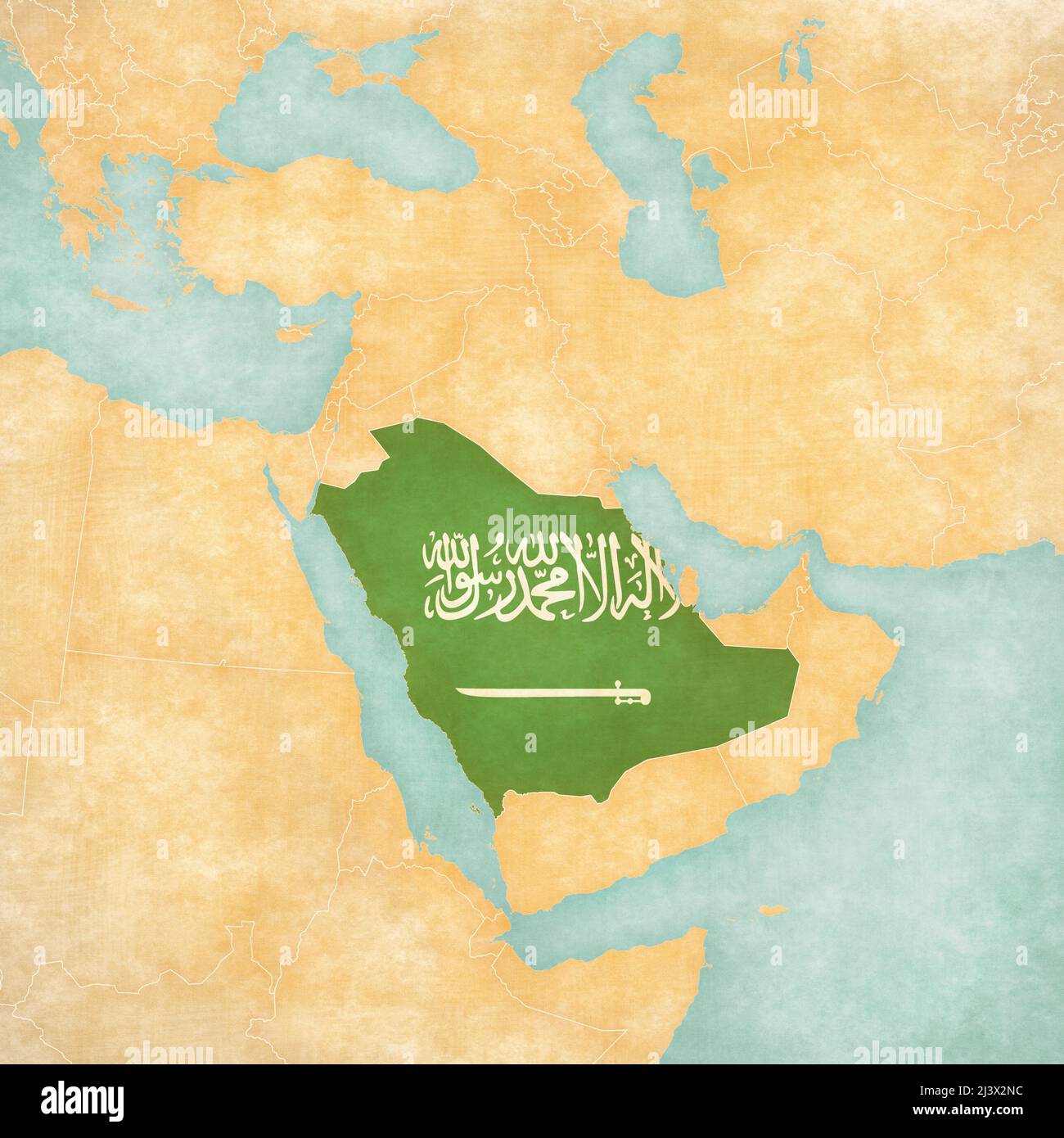 Saudi Arabia In Asia Map Saudi Arabia (Saudi Arabian Flag) On The Map Of Middle East (Western Asia)  In Soft Grunge And Vintage Style, Like Old Paper With Watercolor Painting  Stock Photo - Alamy