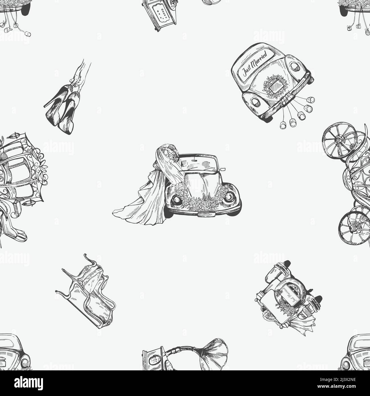 Seamless pattern of hand drawn sketch style wedding themed objects ...