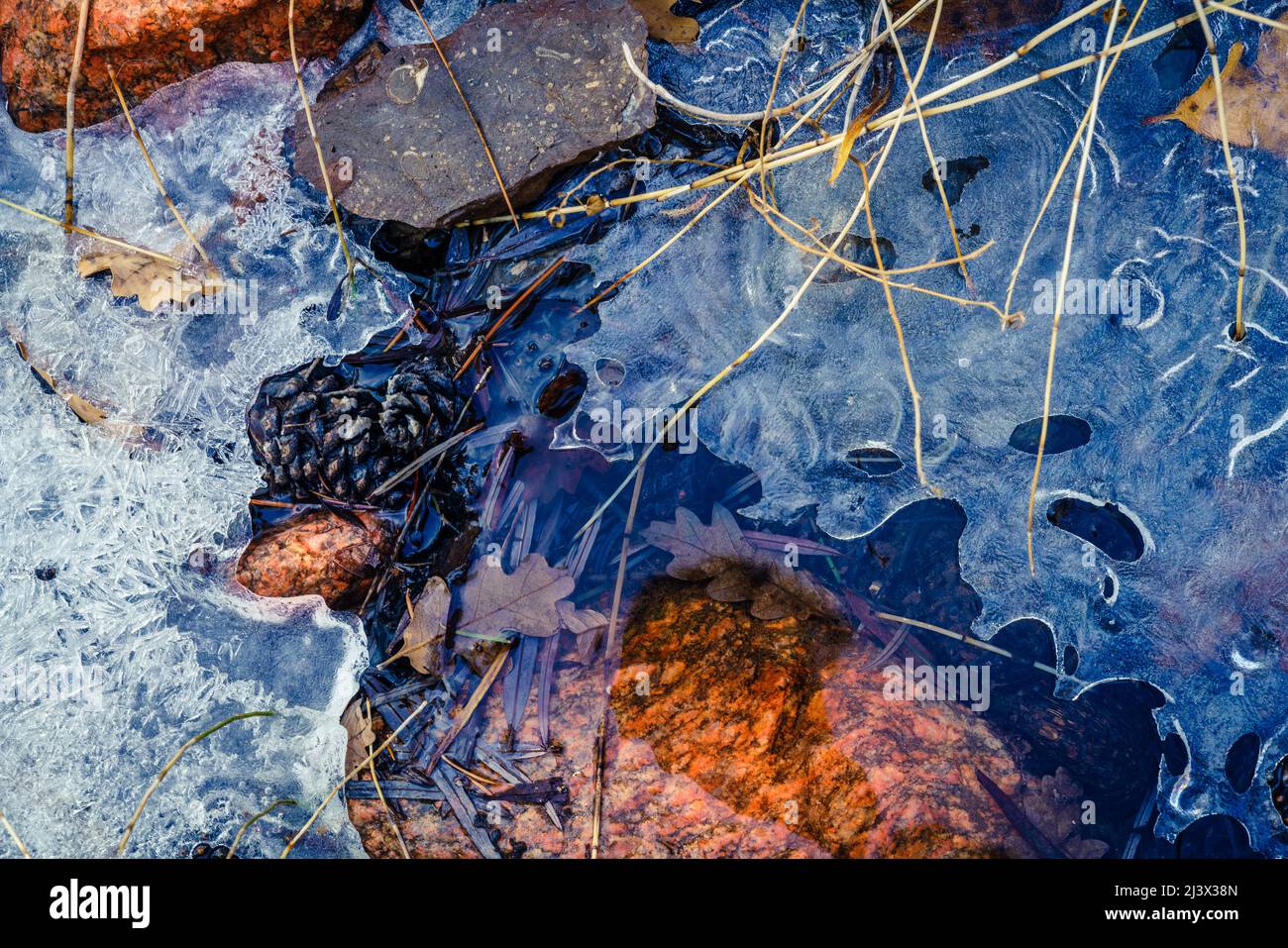 Close-up image of ice patterns in a creek in Grasshopper Canyon in New Mexico Stock Photo