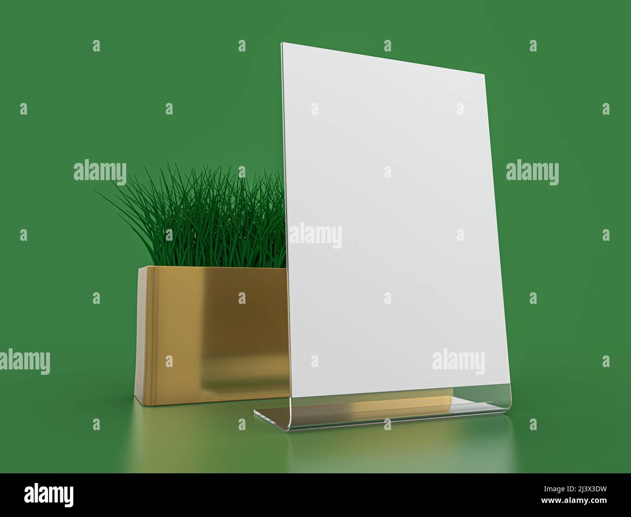 Blank paper Table Tent. Mockup on green background. 3D rendering. Stock Photo