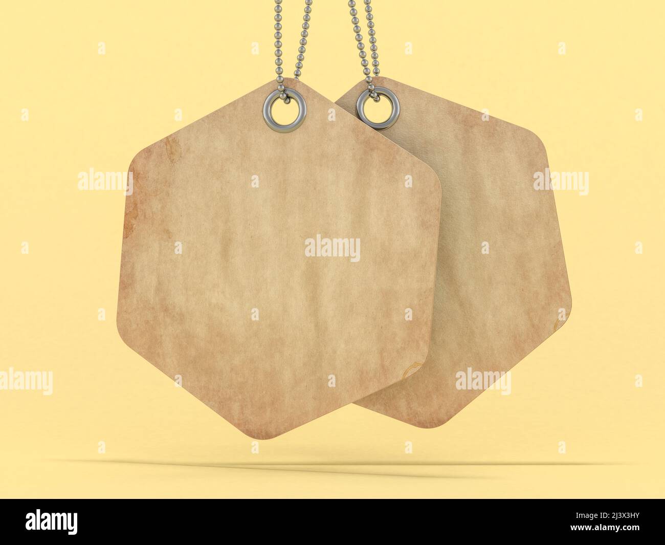 Brown label or price tag on yellow background. 3D rendering Stock Photo