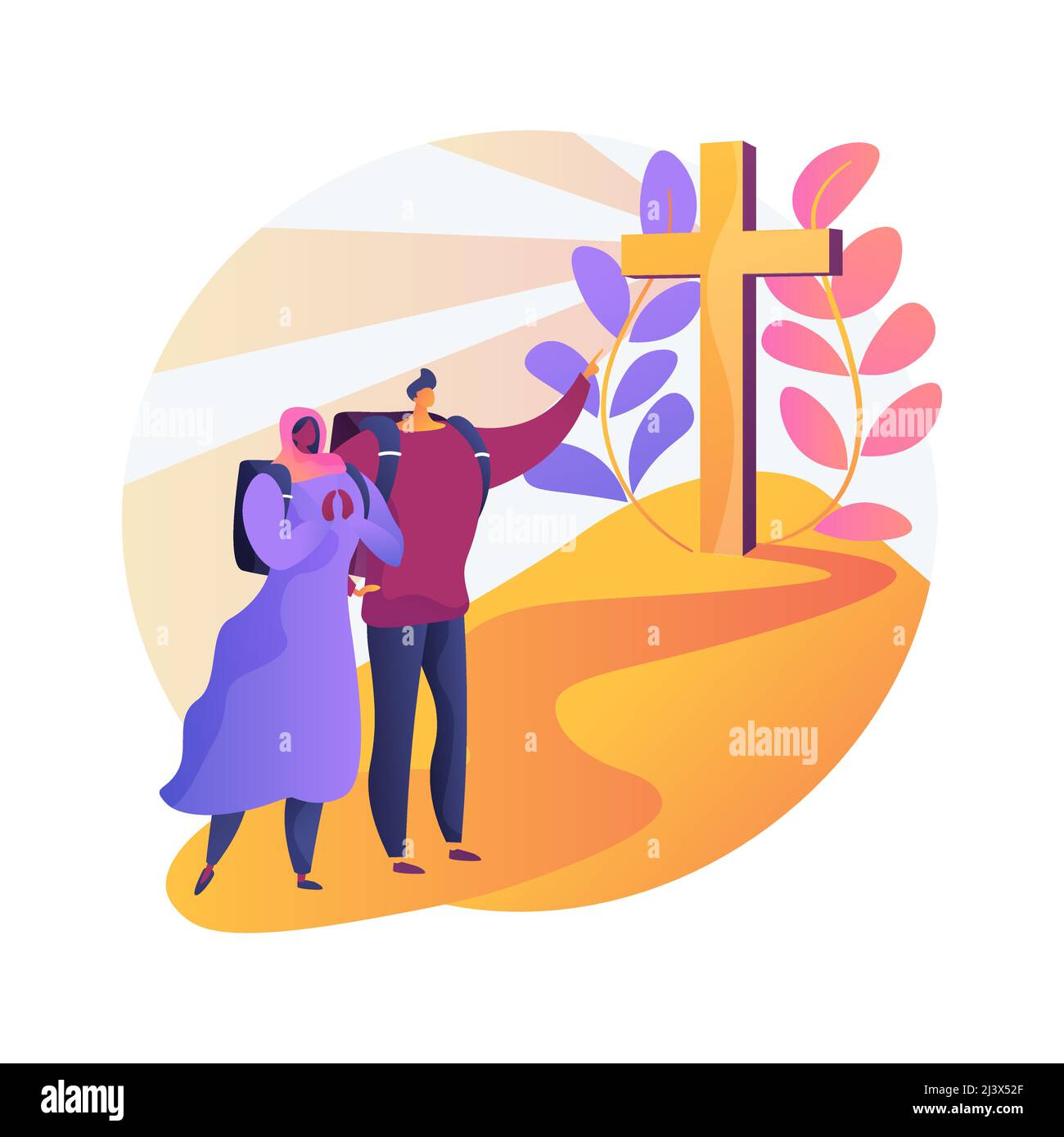 Christian pilgrimages abstract concept vector illustration. Go on pilgrimage, visit saint places, seeking god, christian nuns, monks in monastery, rel Stock Vector