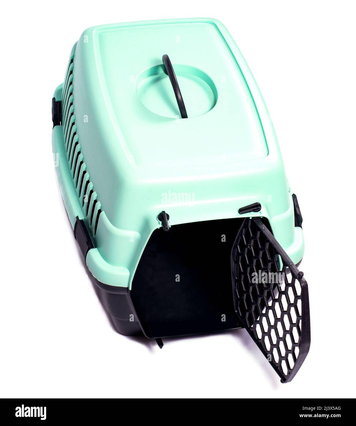 isolated image ,open bicolor cat carrier for carrying animals, beautiful domestic cats, cats in the house, pets, going to the vet, traveling with a ca Stock Photo