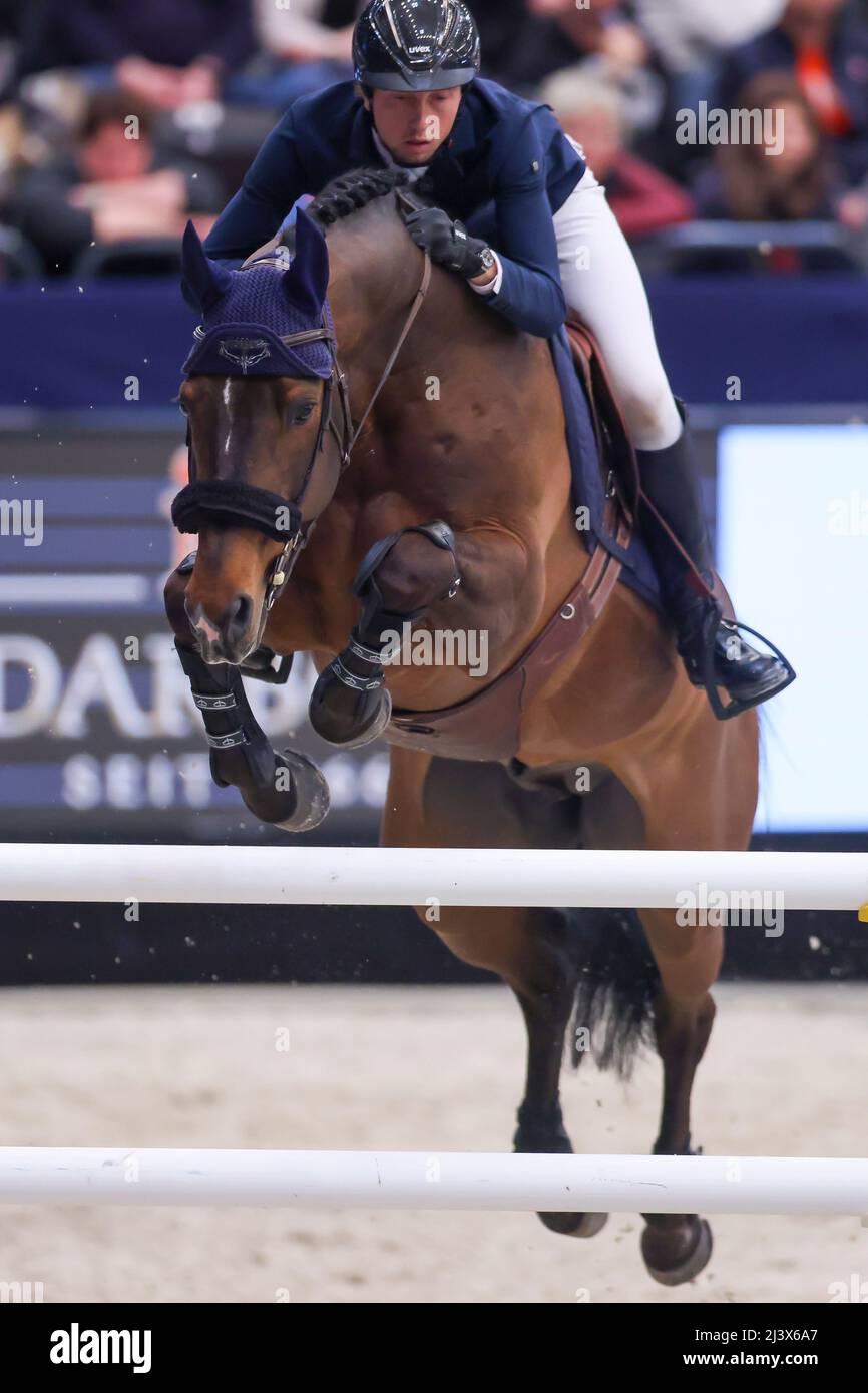 Leipzig, Germany. 10th Apr, 2022. Martin Fuchs from Switzerland wins the final of the Longines Fei Jumping World Cup at the Leipzig Fair on Chaplin. Credit: Jan Woitas/dpa/Alamy Live News Stock Photo