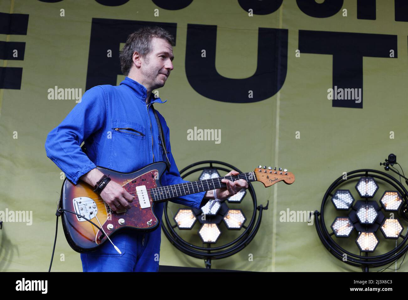 Paris, France. 9th Apr, 2022. Cyril Dion performs during the musical entertainment at the arrival of the March for the Future in Paris, France. Stock Photo