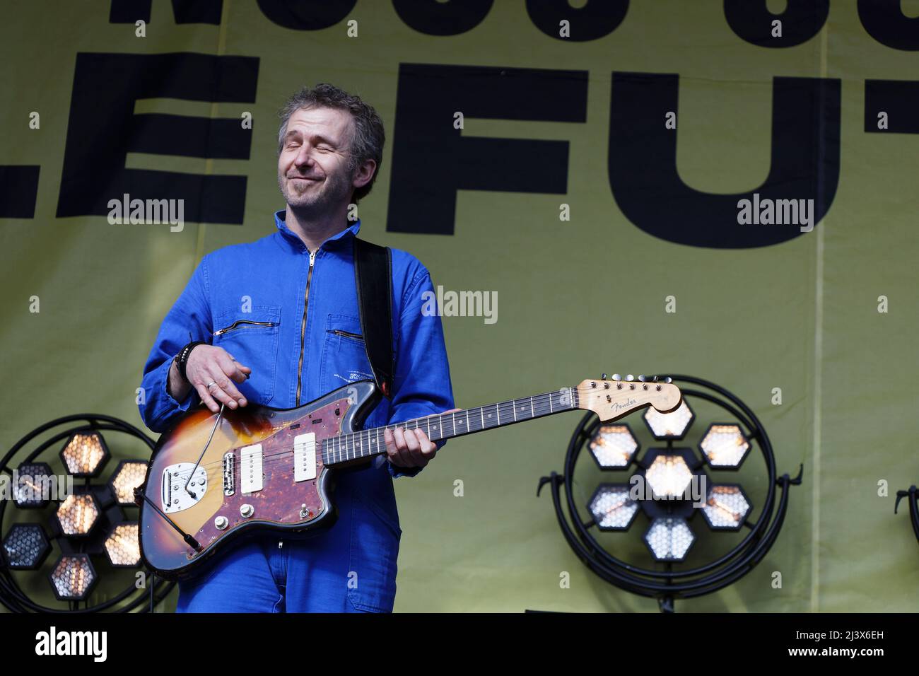 Paris, France. 9th Apr, 2022. Cyril Dion performs during the musical entertainment at the arrival of the March for the Future in Paris, France. Stock Photo
