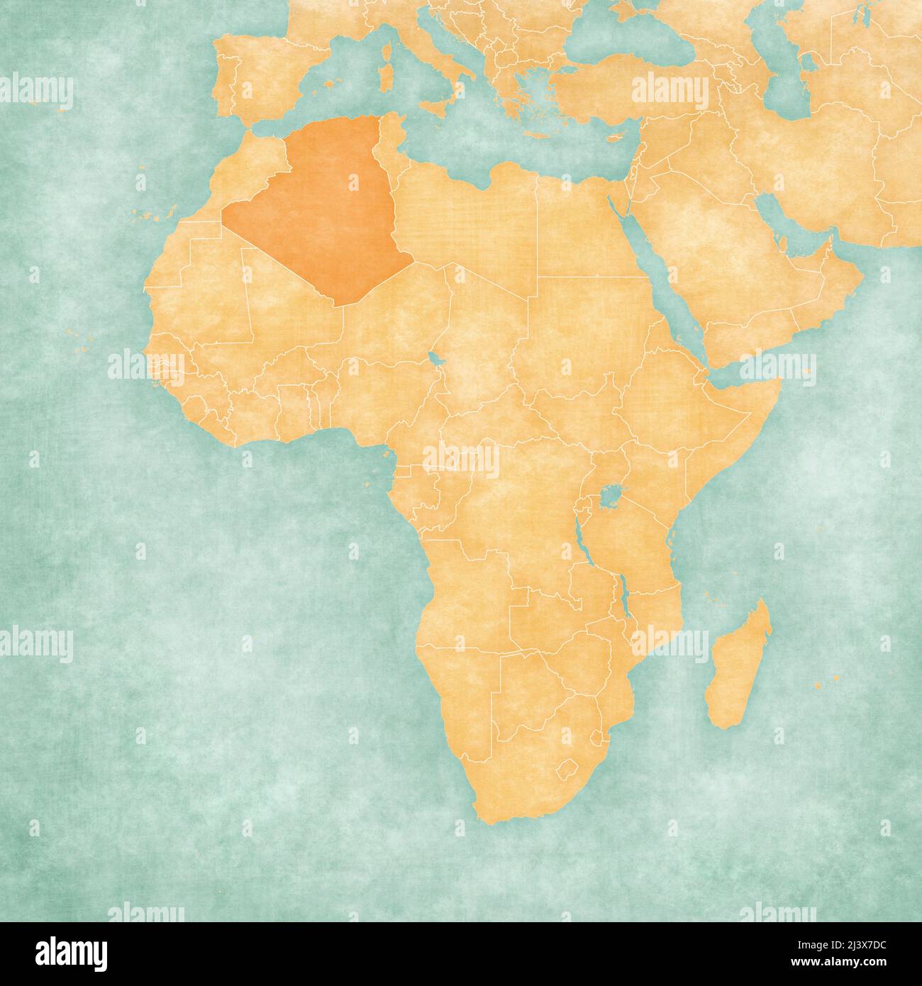 Algeria on the map of Africa in soft grunge and vintage style, like old ...