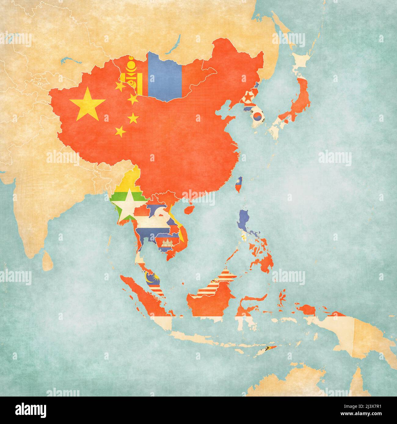 Flags of all countries on the map of East and Southeast Asia in soft grunge and vintage style, like old paper with watercolor painting. Stock Photo