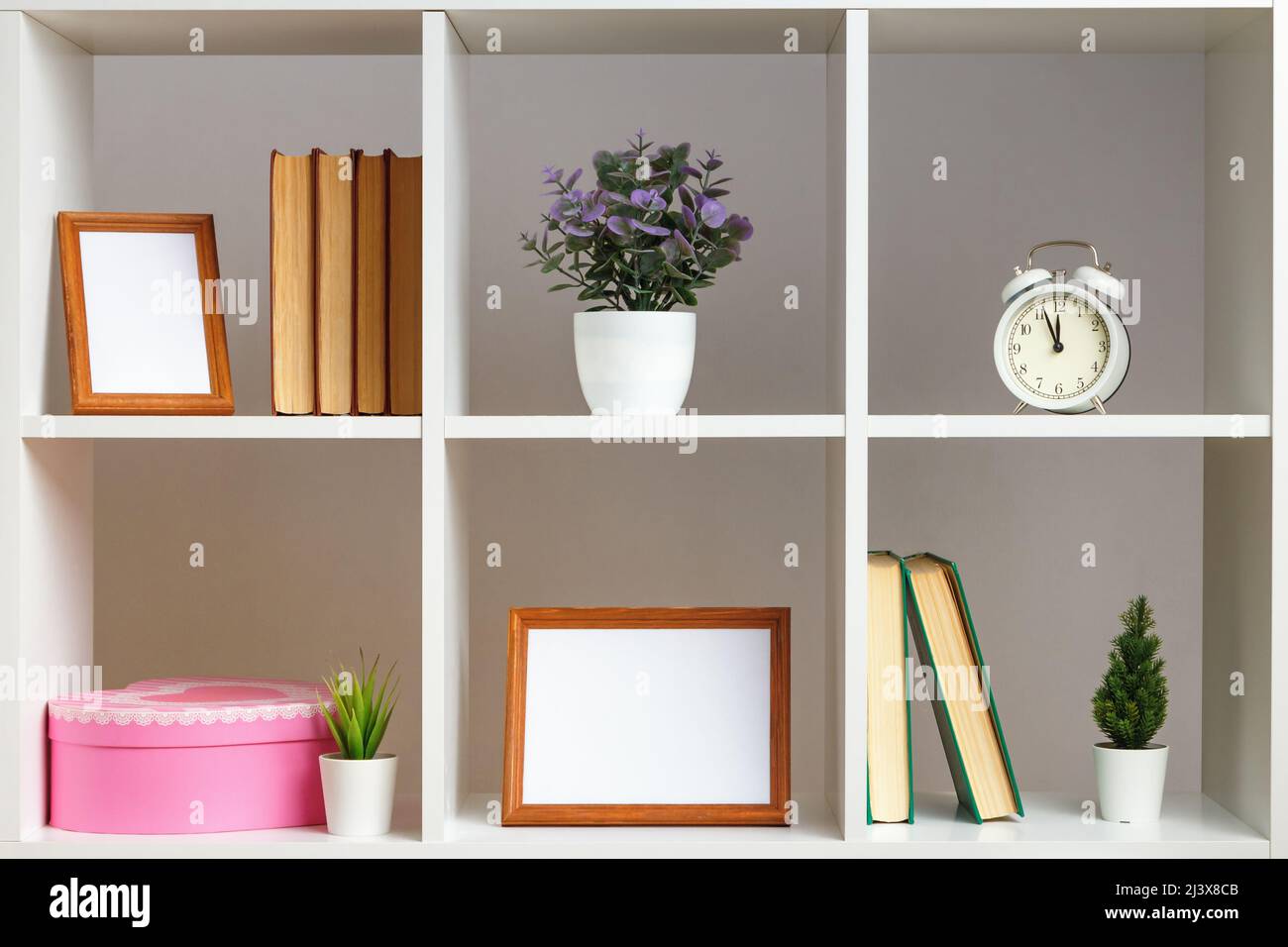 White wooden shelves with books and flowers in a pot photo frames. Home ...