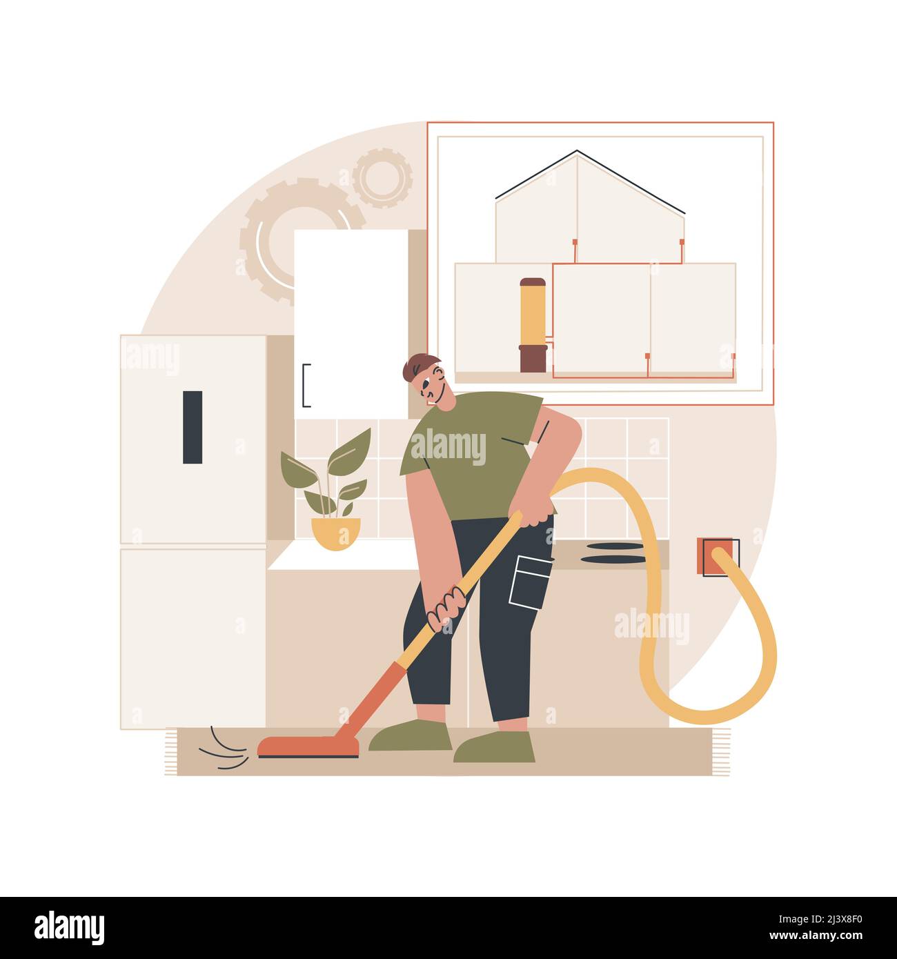 Central vacuum system abstract concept vector illustration. House appliance, remove dirt, central vacuum installation, home cleaning, filter bag, cont Stock Vector