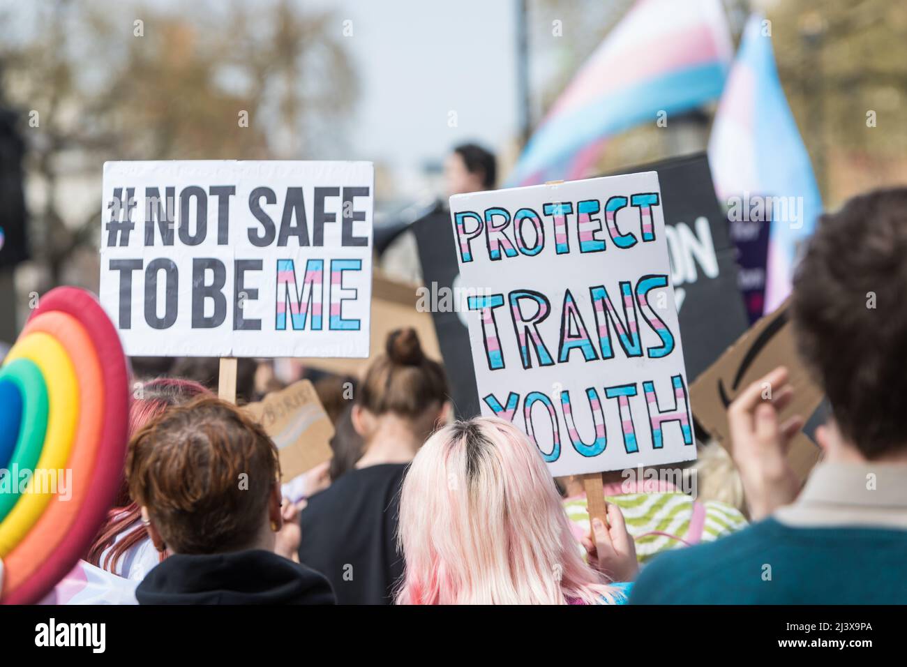 Placards at a protest demanding a ban on conversion therapy - Whitehall, London Stock Photo
