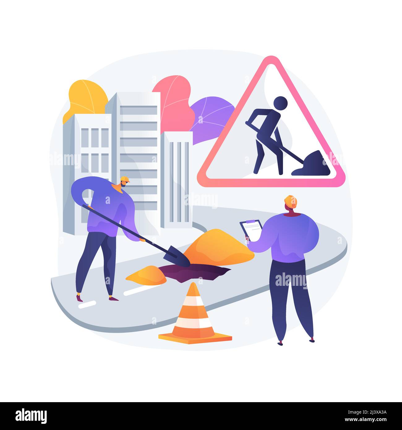 Road works abstract concept vector illustration. Road construction and repair, restricted driving conditions, partly motorway closure, detour due to w Stock Vector