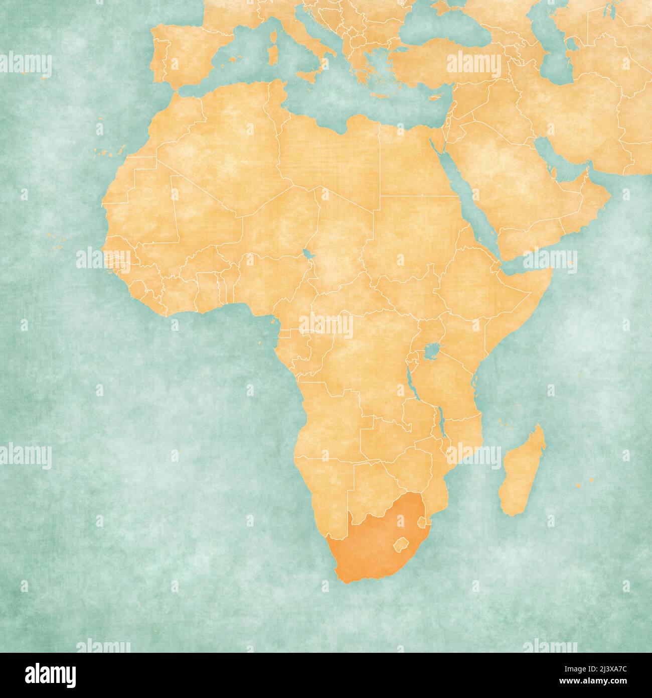 South Africa on the map of Africa in soft grunge and vintage style ...