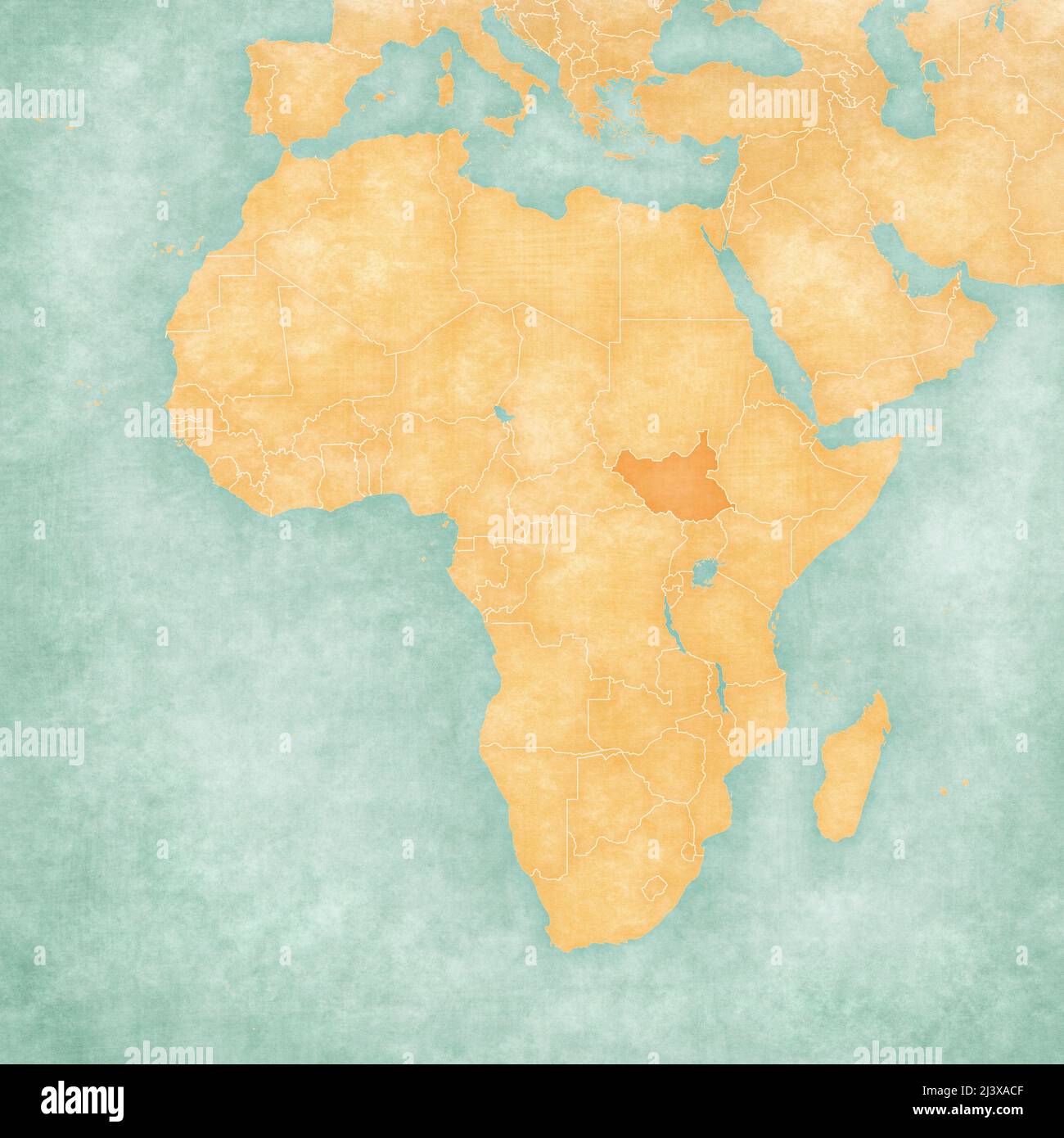 South Sudan on the map of Africa in soft grunge and vintage style, like ...