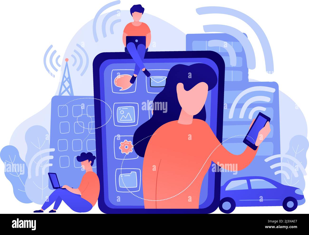 People using different electronic devices such as smartphone, laptop, tablet. Radio fields, electromagnetic pollution, radiation concept, pinkish cora Stock Vector