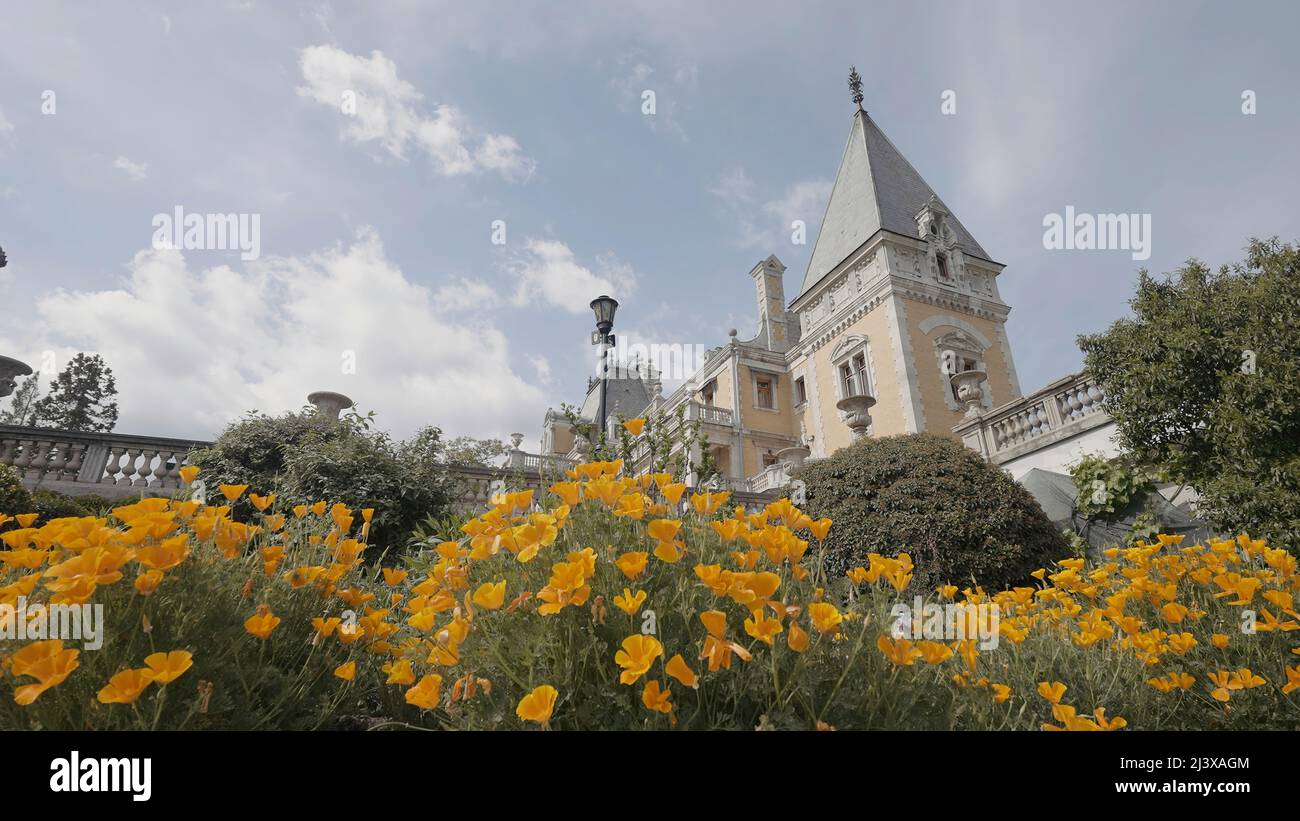 Beautiful facade of Massandra Palace in Crimea. Action. Close up of ...