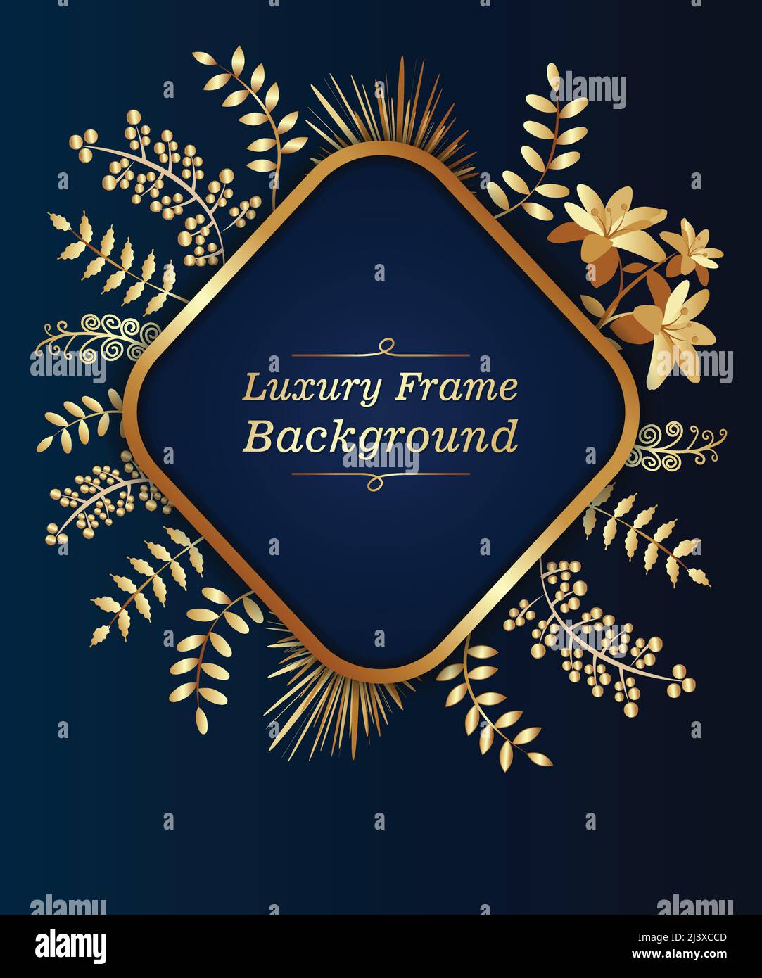 Luxury floral realistic blue background and golden frame details. Vector Illustration invitation to occasions, wedding, party, anniversary, birthday, Stock Vector