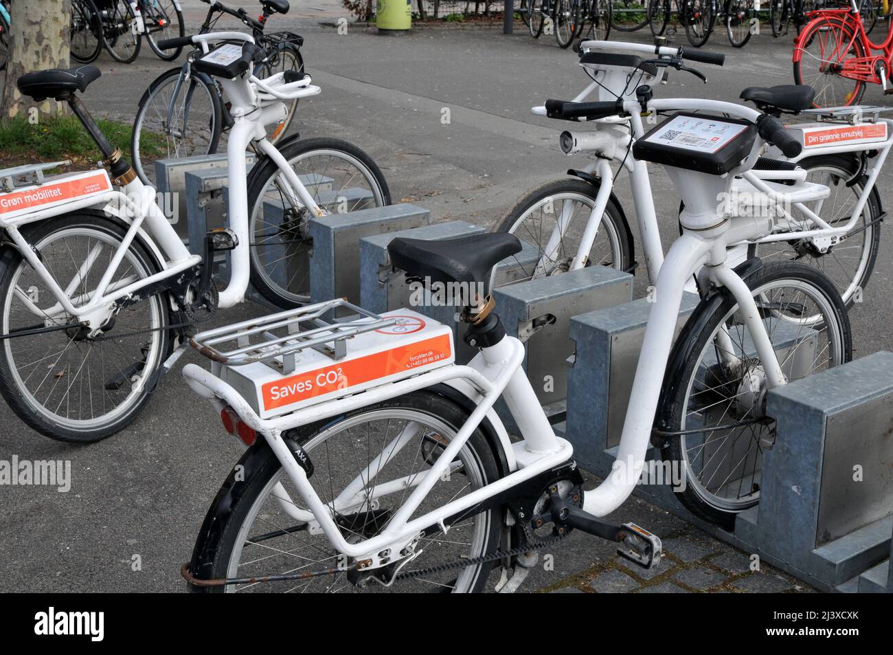 Copenhagen/Denmark/.10 April 2022/. Electric white bicycles co2