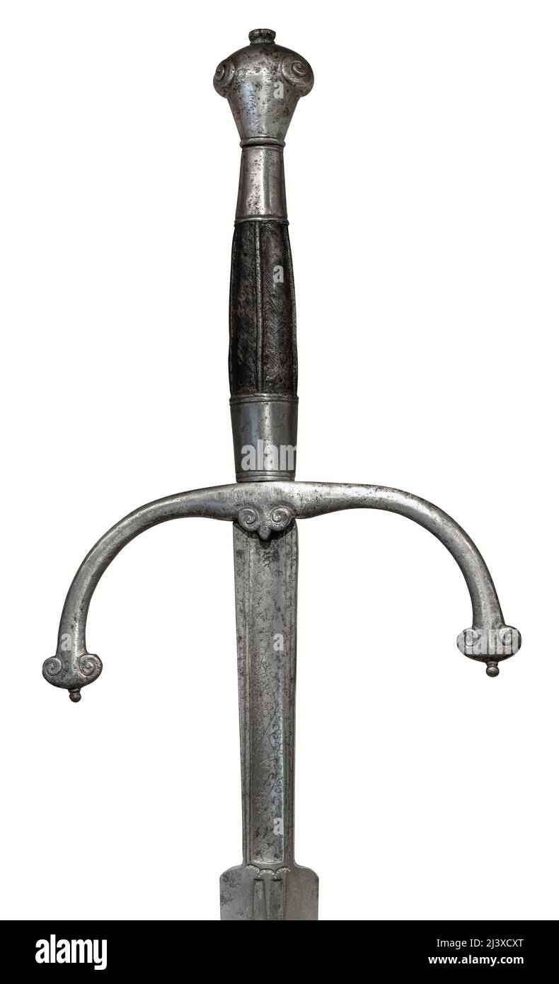 The Top (Hilt and Crossguard) Of An Ancient Longsword, Isolated On A White Background Stock Photo