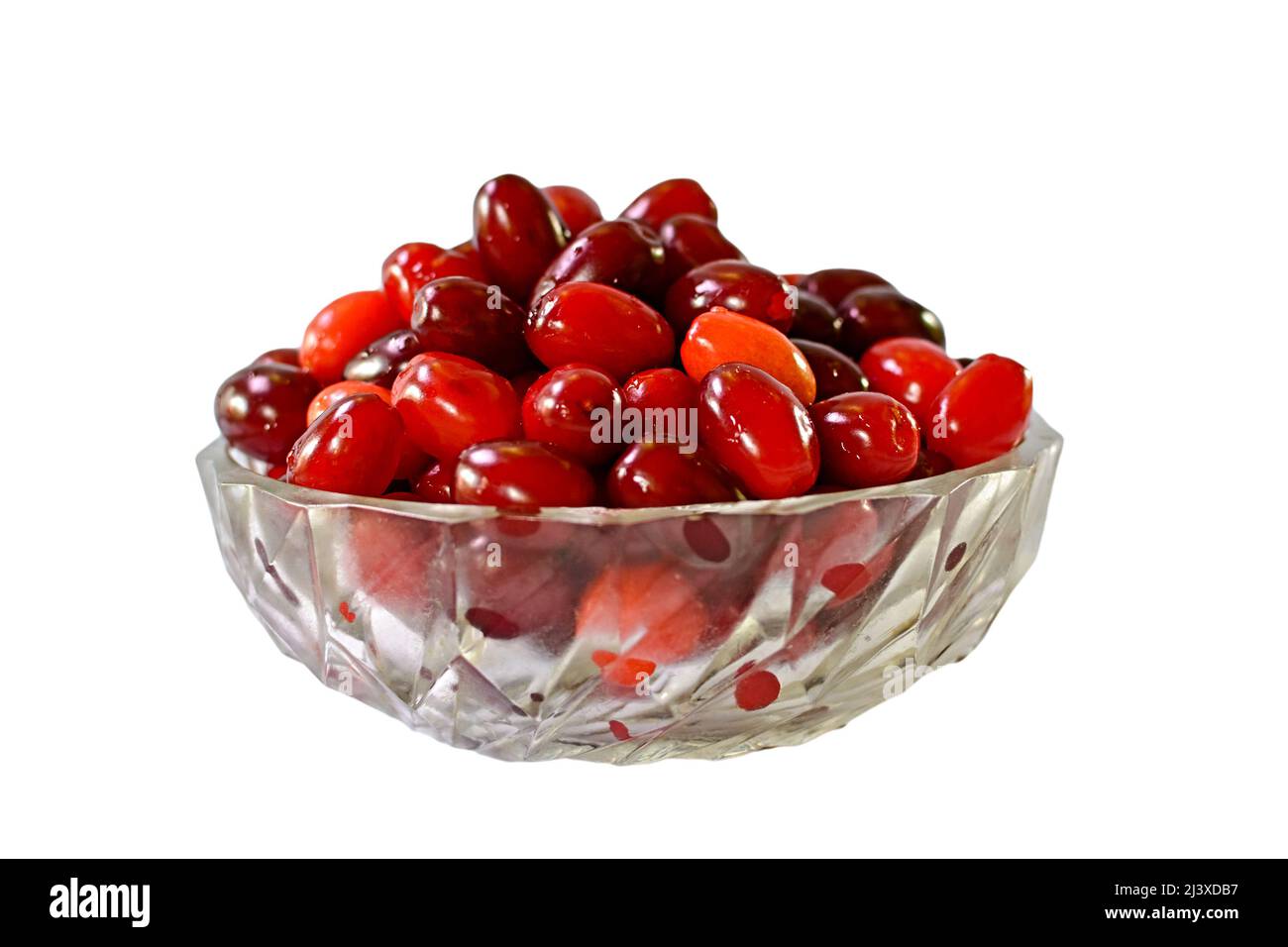 Ripe berries of dogwood red in a glass on the isolated background. Side view. Stock Photo