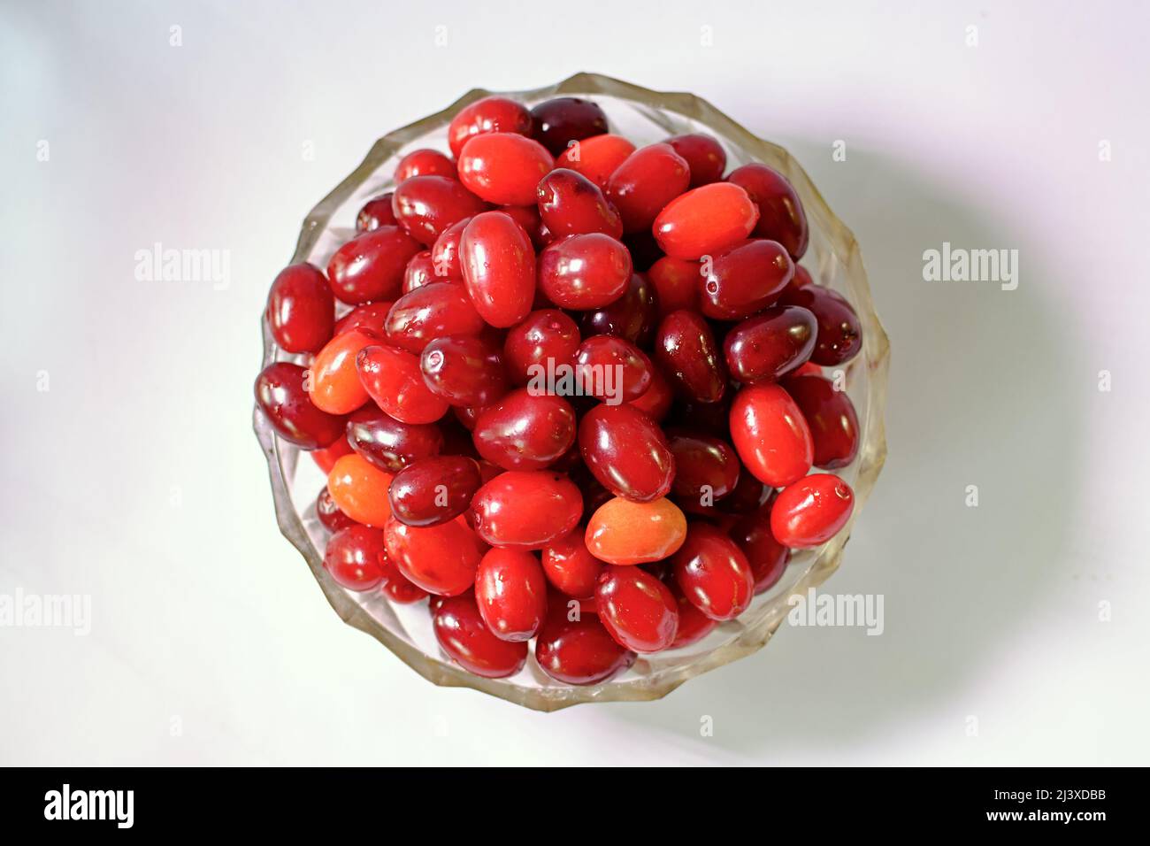 Ripe berries of dogwood red in a glass . Stock Photo