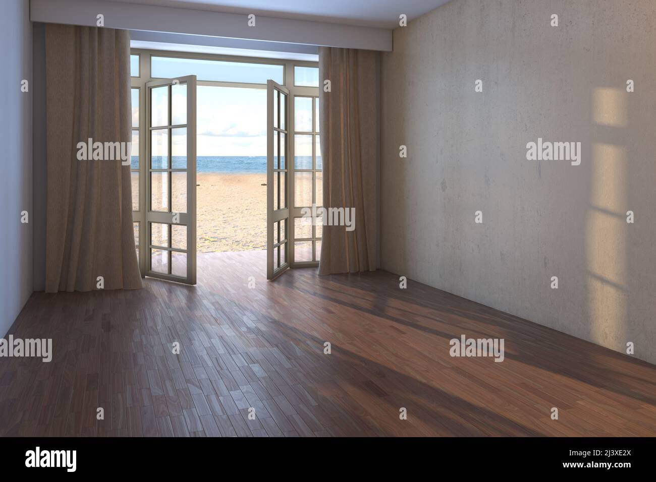 Empty Hotel Room with Sea View. Interior with Open Door Overlooking the Ocean, Beige Curtains, Yellow Sand and Clouds. Dark Parquet Floor and a Beige Stucco Wall. 3D rendering, 8K Ultra HD, 7680x5121 Stock Photo