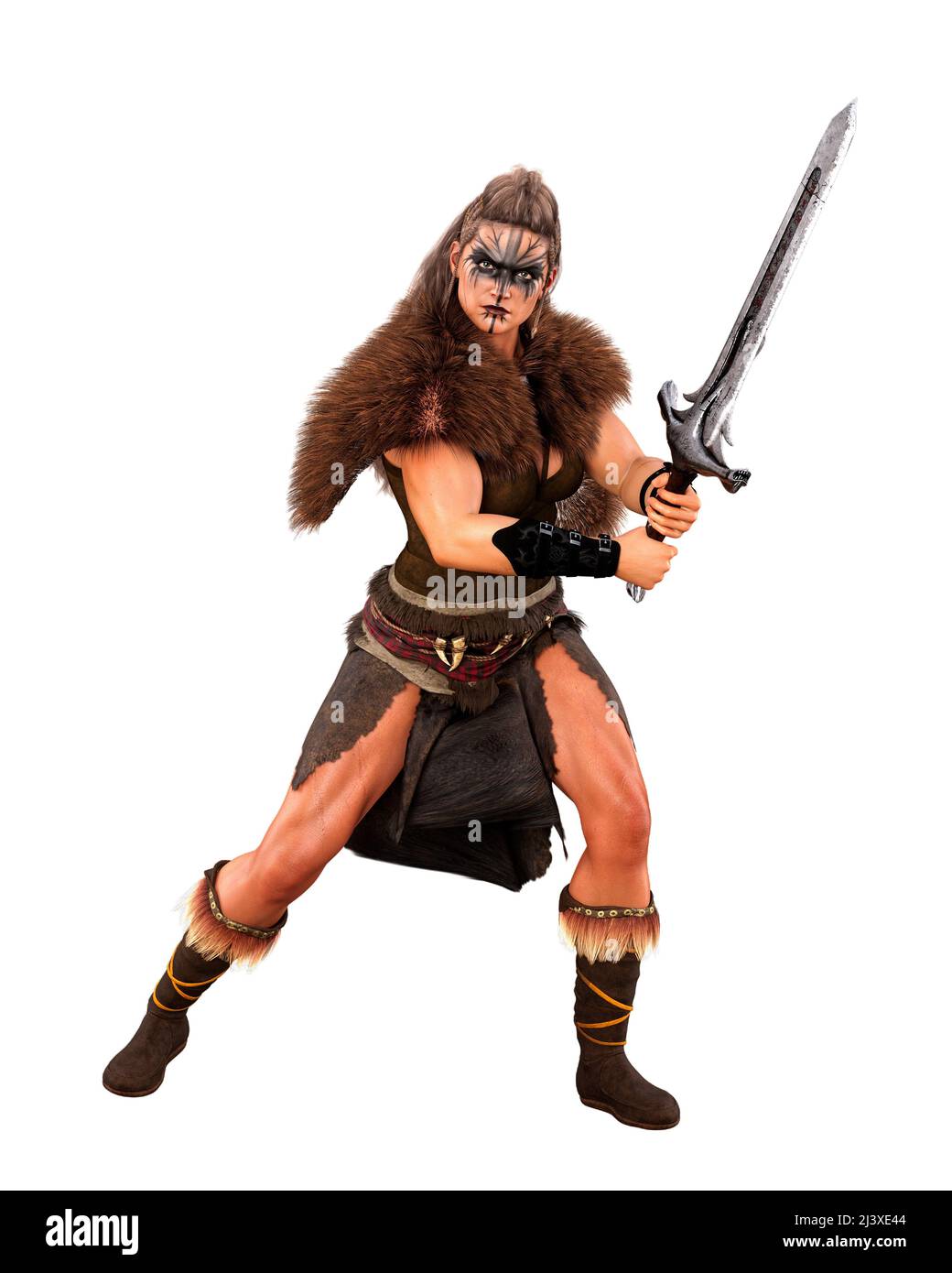Barbarian female Viking warrior holding a sword in two hands in fighting pose. 3D rendering isolated on white. Stock Photo