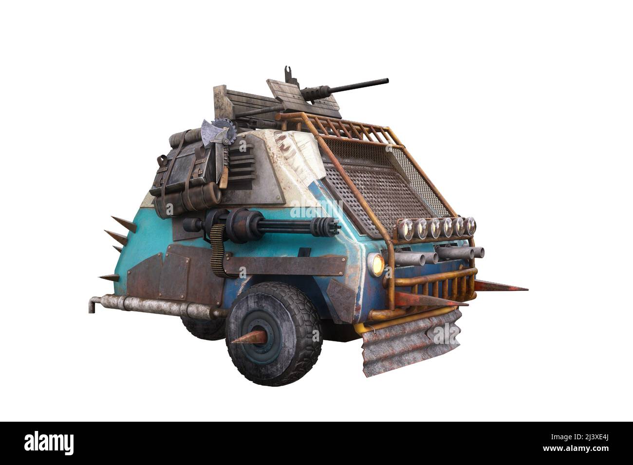 Small fantasy post apocalyptic 3 wheeler car armed with guns. 3D rendering isolated on white. Stock Photo