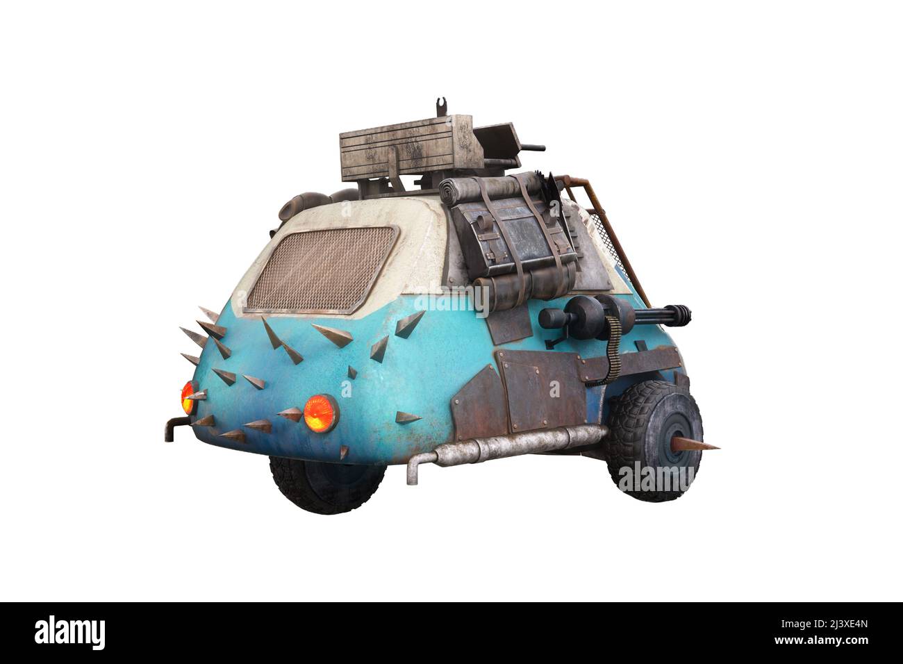 Rear perspective view of a fantasy post apocalypse vehice with 3 wheels and armed with guns. 3D illustration isolated on white. Stock Photo