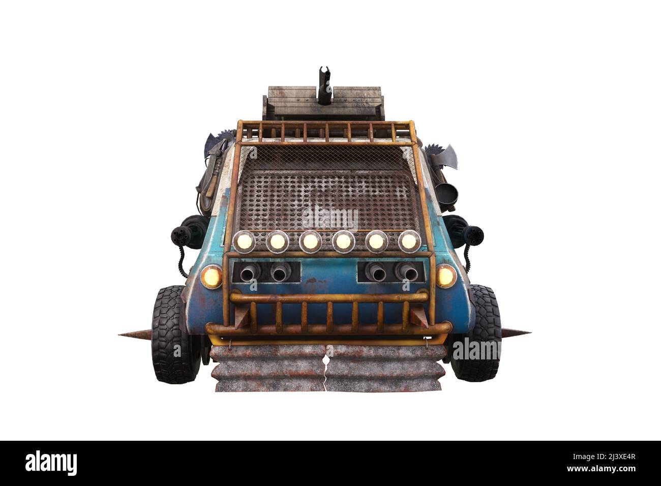 Front view of a small post apocalyptic fantasy car armed with guns on the side and top. 3D illustration isolated on white. Stock Photo